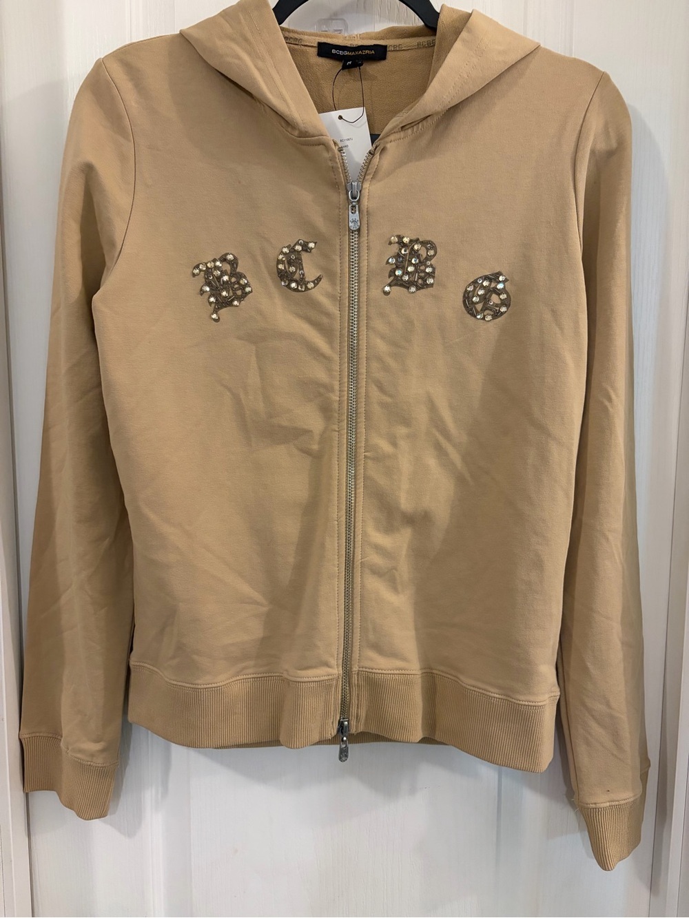 BCBG Maxazria Tan Beaded Logo Zip Hoodie NWT